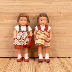 Vintage East German ARI Miniature Dressed Rubber Pair Dolls Girl, 8 cm Tall